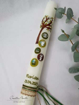 Kommunionkerze Baum in Olive-Braun mit christlichen Symbolen